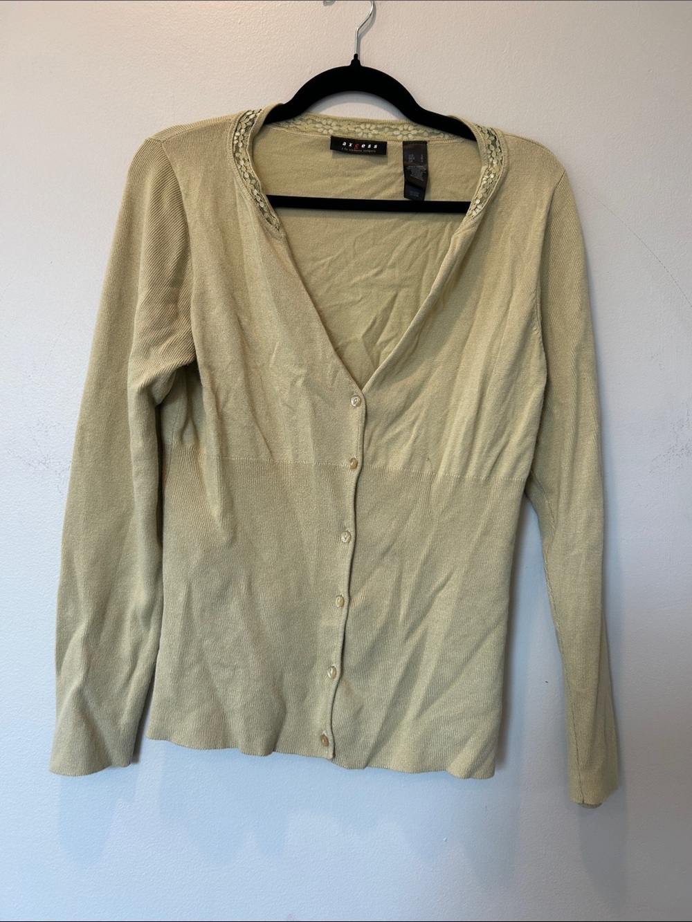 Axcess Sage Green Knit Cardigan with Subtle Lavender Trim